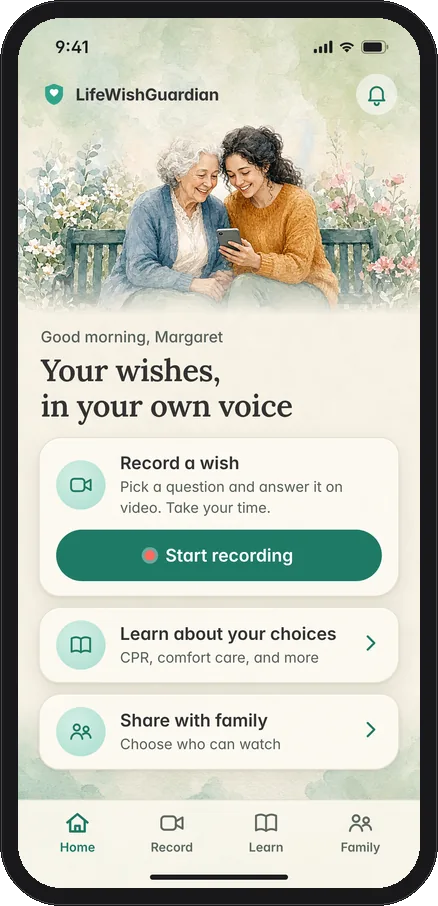 LifeWishGuardian home screen, with a mother and daughter, Record a wish, Learn about your choices and Share with family