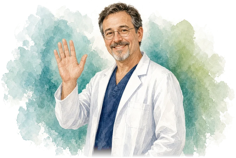 Watercolor illustration of Richard, a smiling nurse practitioner (NP) in a white coat, waving hello.